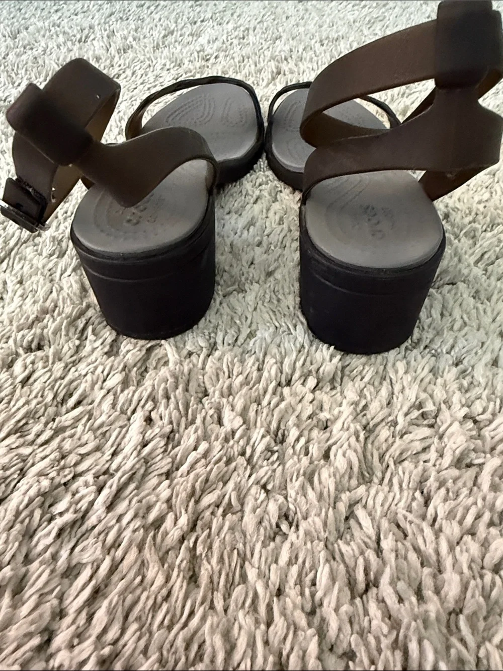 CROCS Brown and Beige Leather Block Heel Sandals